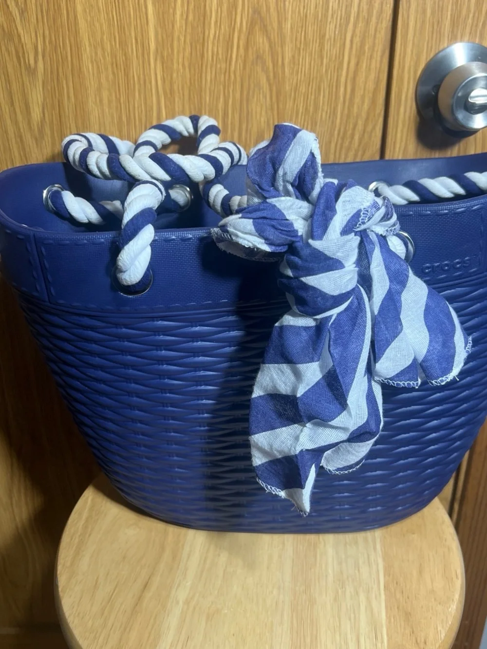 CROCS Navy Blue Woven Tote with Striped Rope Handles
